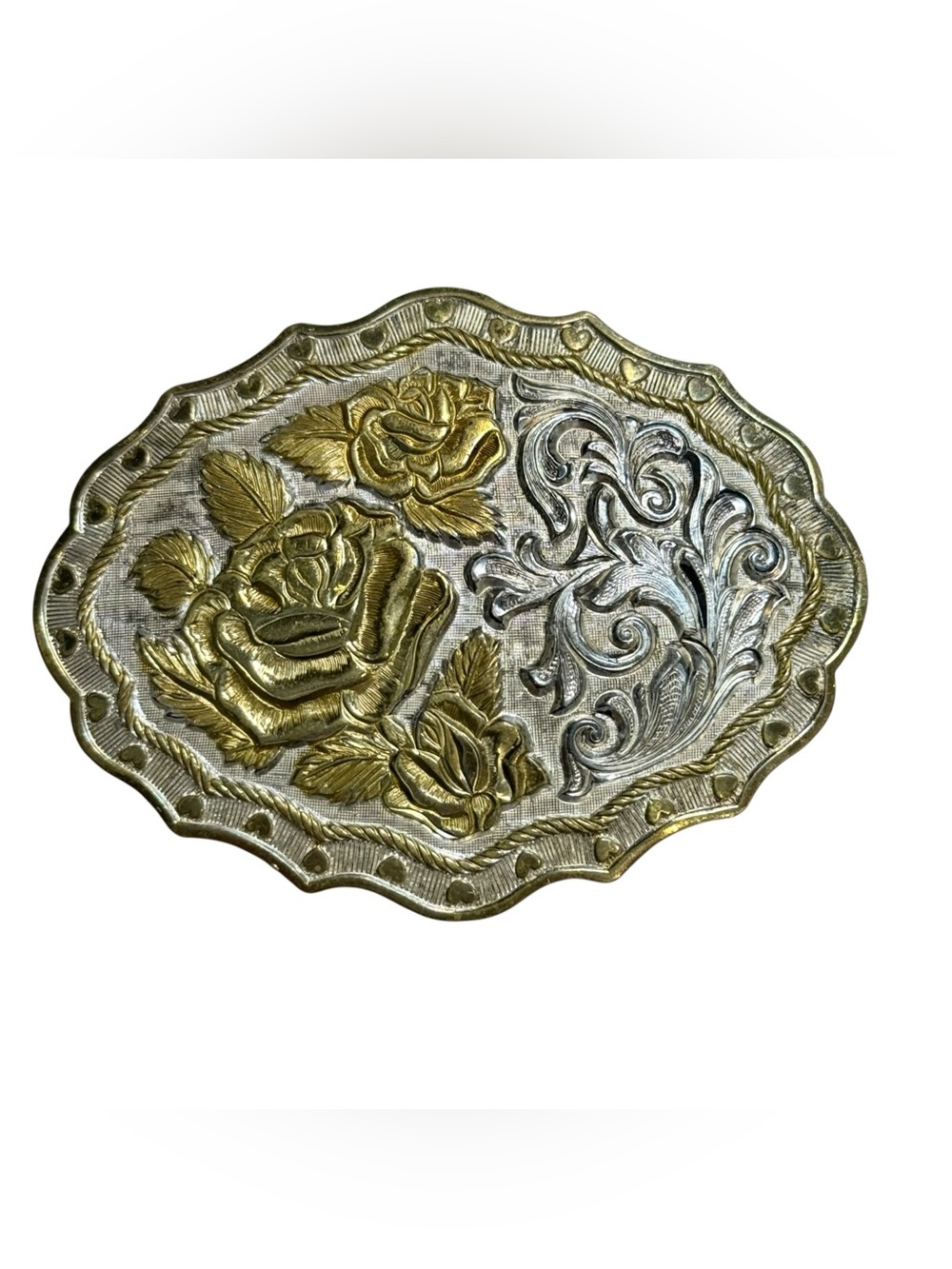 Vintage Crumrine Western Rose Belt Buckle Silver & Gold Tone